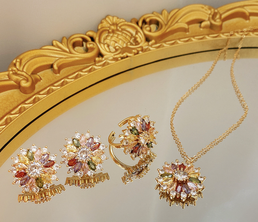 Sunflower-Inspired Jewelry Set – Necklace, Ring & Earrings in Radiant Golden Hues