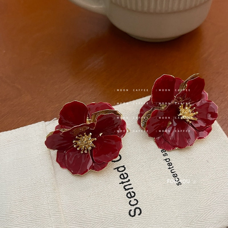 French Enamel Style Large Flower Earrings - Elegant and Bold Floral Design