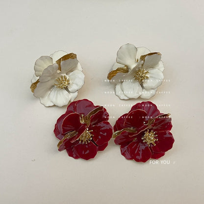 French Enamel Style Large Flower Earrings - Elegant and Bold Floral Design