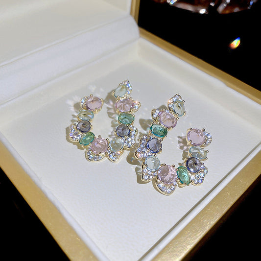 Elegant Irregular-Shaped Earrings with Colored Zircon Stones - Vintage-Inspired, Sparkling Design